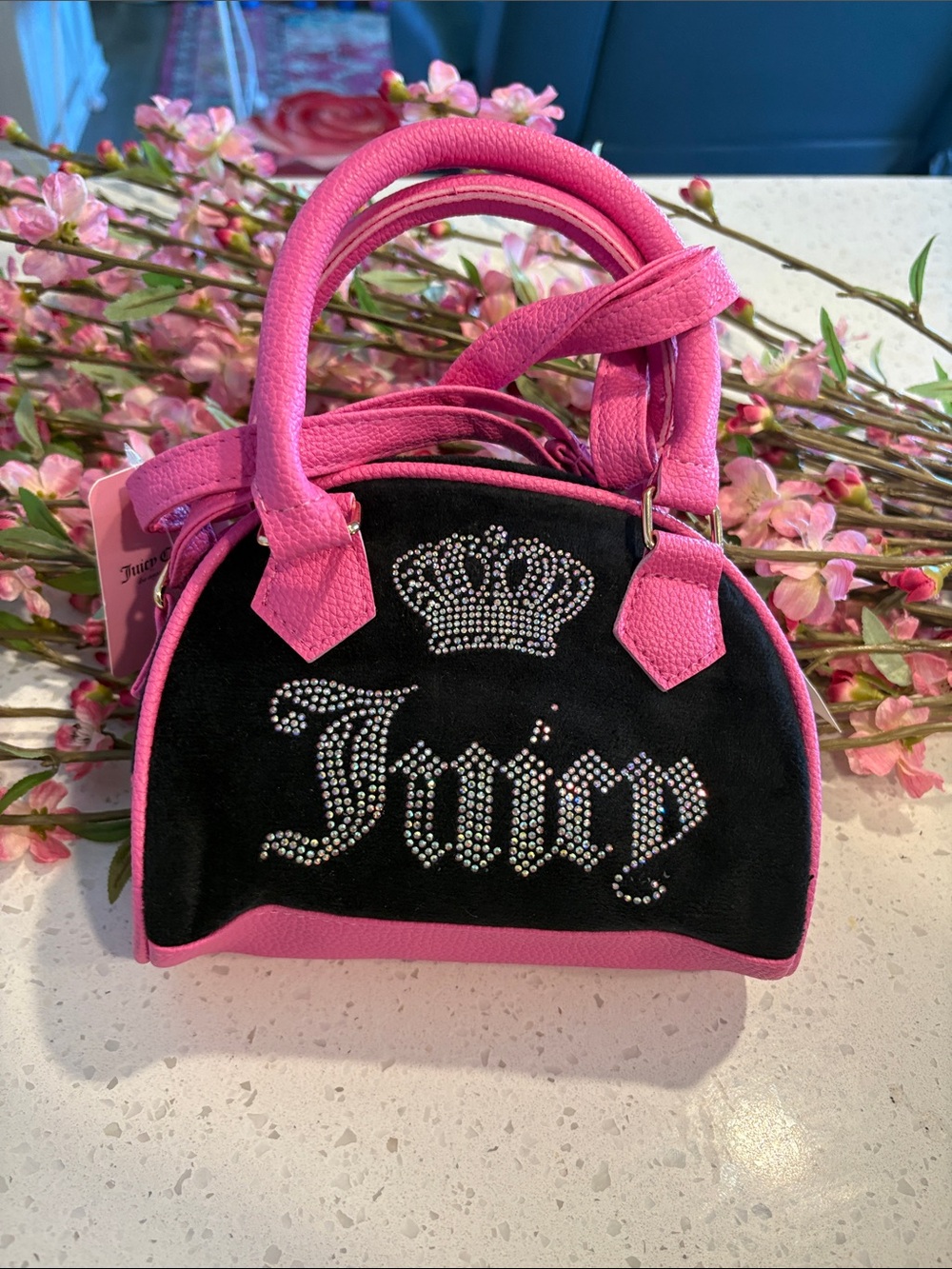 Juicy Couture Black Velour & Hot Pink Jeweled Mini Satchel